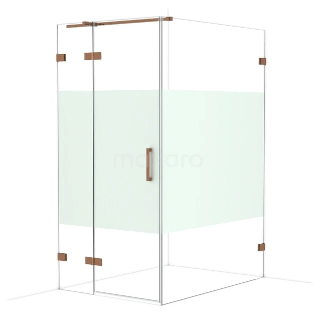 Glazen douchecabine met mat wit detail, hoekmodel, messing scharnieren en handgreep; moderne badkamerstijl.