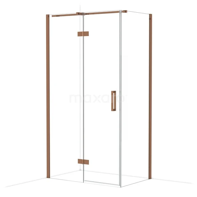 Glasene Duschtür mit kupferfarbenen Akzenten, Eckdesign, ideal für moderne Bäder.
