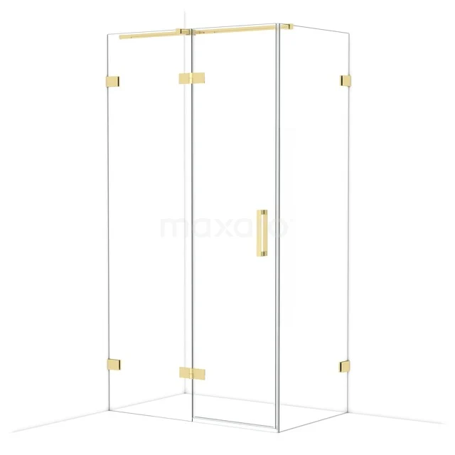 Glas Duschkabine mit goldfarbenen Akzenten, eckigem Design und schlankem Design, ideal für ein modernes Badezimmer.