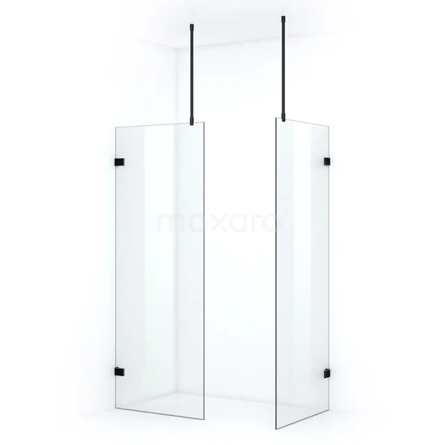 Transparente Glas-Duschwand mit schwarzen Scharnieren, moderne Badezimmerlösung, minimalistisches Design und verstellbare Stangen.