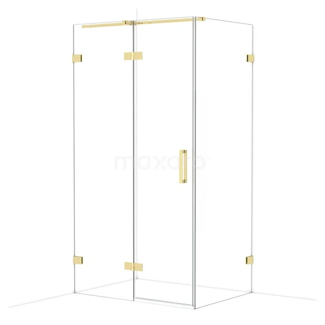 Glasene Eck-Duschkabine mit goldfarbenen Scharnieren und Haltegriff, ideal für eine moderne Badezimmergestaltung.