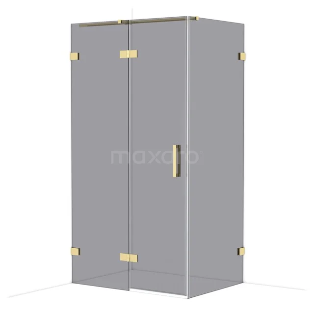 Grey shower cabin with gold-coloured hinges and handle, stylish design for modern bathrooms.