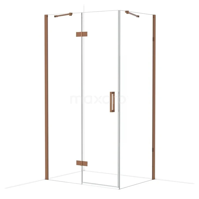 Glass shower cabin with bronze-coloured accents, sleek design and angular shape, perfect for a modern bathroom.