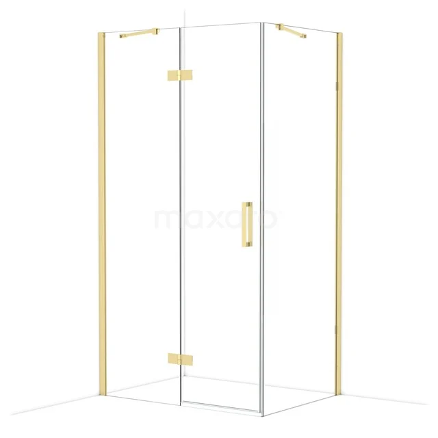 Corner shower cabin with gold-coloured details, clear glass and aluminium frame; a stylish bathroom accessory.