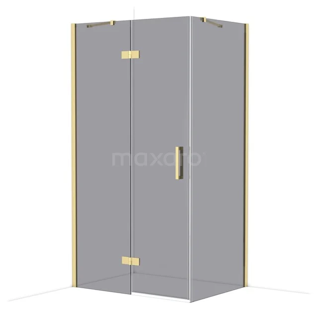 Grey glass shower cabin with brass accents, minimalist design, perfect for a modern bathroom.