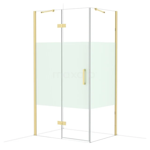 Golden corner shower cabin with clear glass and a swinging door, ideal for a modern bathroom style.