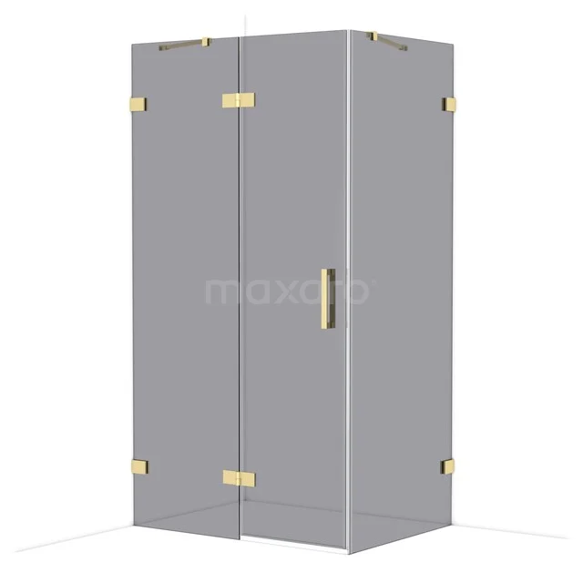 Grey square glass shower cabin with gold accents, including door handle and hinges. Perfect for a modern bathroom.