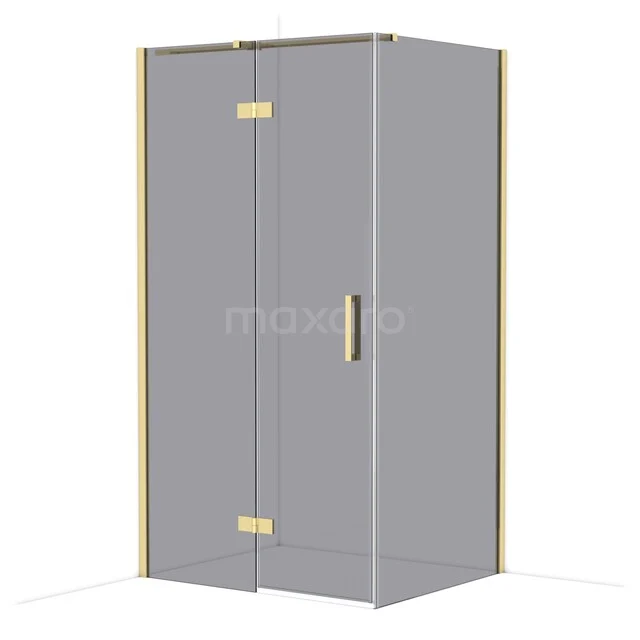 Grey shower cabin with golden accents, glass doors and minimalist design; ideal for a stylish bathroom.