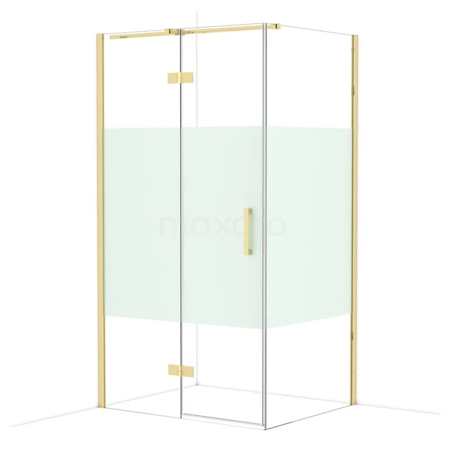 Glass shower cabin with gold-coloured accents and clear glass doors, ideal for a stylish bathroom.