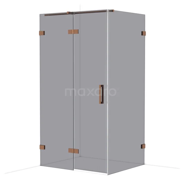 Grey corner shower cabin with bronze accents and glass doors, modern bathroom set matching a minimalist decor.