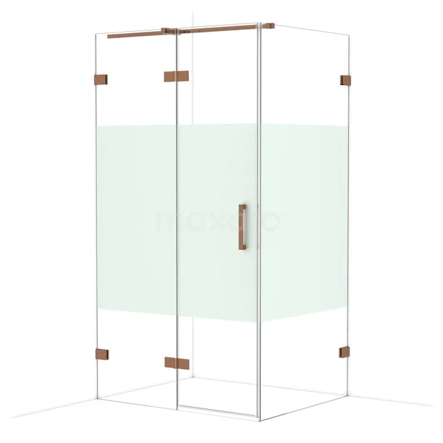 Glass shower cabin with copper-coloured hinges and handle, a stylish addition to a modern bathroom.
