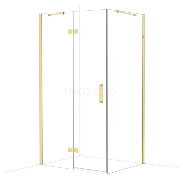 Glas-Eckdusche mit goldenen Akzenten, schlankem Design und minimalistischer Ausstrahlung für eine moderne Badezimmer Einrichtung.