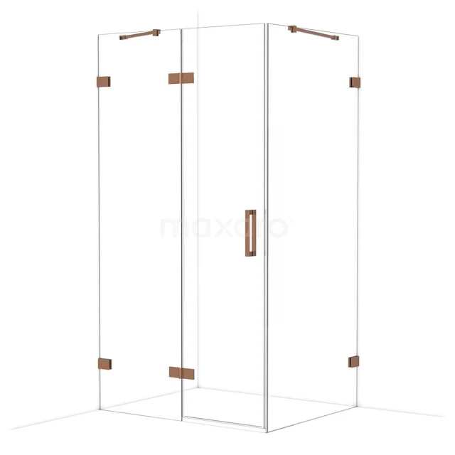 Glazen douchecabine met hoekinstap, roségouden accenten en strak design, ideaal als stijlvolle toevoeging aan je badkamer.