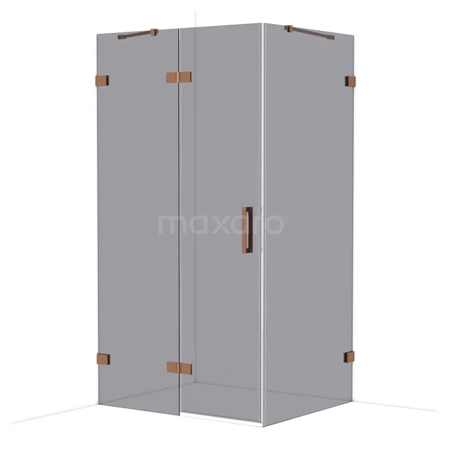 Grijze hoekdouchecabine met metalen scharnieren en glazen panelen, ideaal voor een moderne badkamer inrichting.