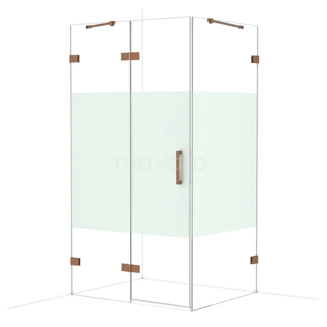 Glasene Eckdusche mit Messingdetails, transparentem und Mattglas; stilvolles Design für ein modernes Badezimmer.