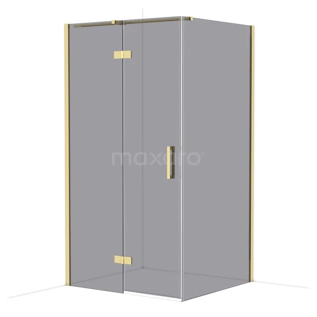 Shower cabin with gold-coloured accents, glass doors and sleek design, perfect for a stylish bathroom.