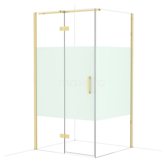 Diamond Shower enclosure | 110x100 cm Shiny light gold Clear with matt strip Pivot door Rectangle CDB216510313GLG Golden corner shower cabin with glass doors and matte white panel, stylish bathroom design of premium quality.