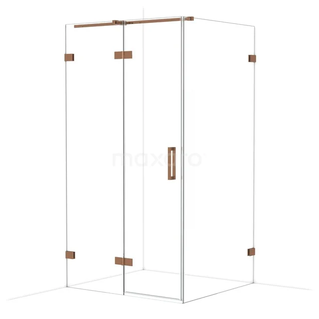 Glazen douchecabine met hoekinstap, heldere wanden en koperkleurige scharnieren; modern badkamerdesign.