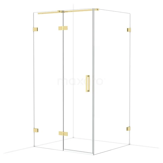 Glass shower cabin with gold-coloured details, corner model for the bathroom, sleek design and metal handle.