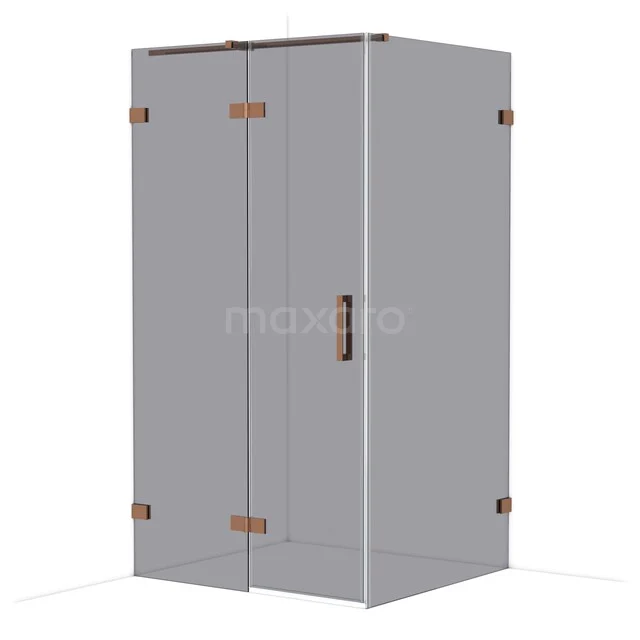 Douchecabine met hoekdeur, transparant glas, messing details en strakke lijnen, ideaal voor moderne badkamers.