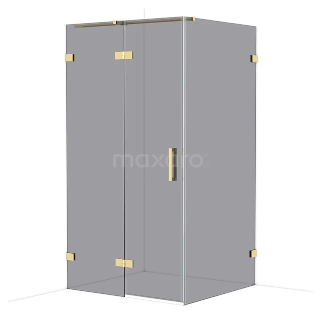Square glass shower cabin with gold details, corner model suitable for modern bathrooms.