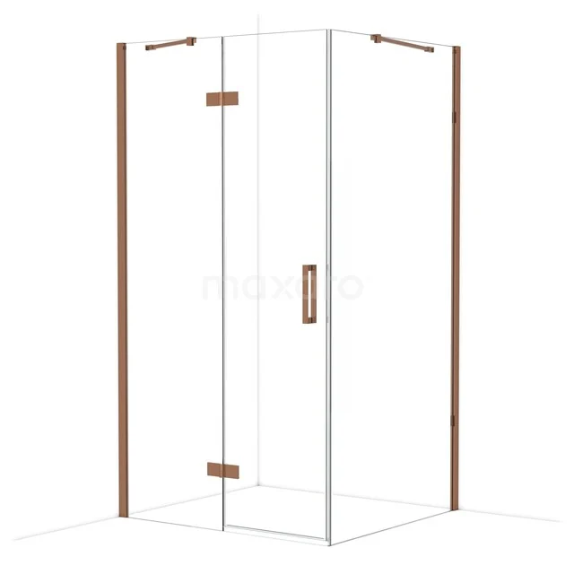 Duschwand mit Klarglas und warmen Kupferakzenten, perfekt als stilvolle Ecklösung für das Badezimmer.