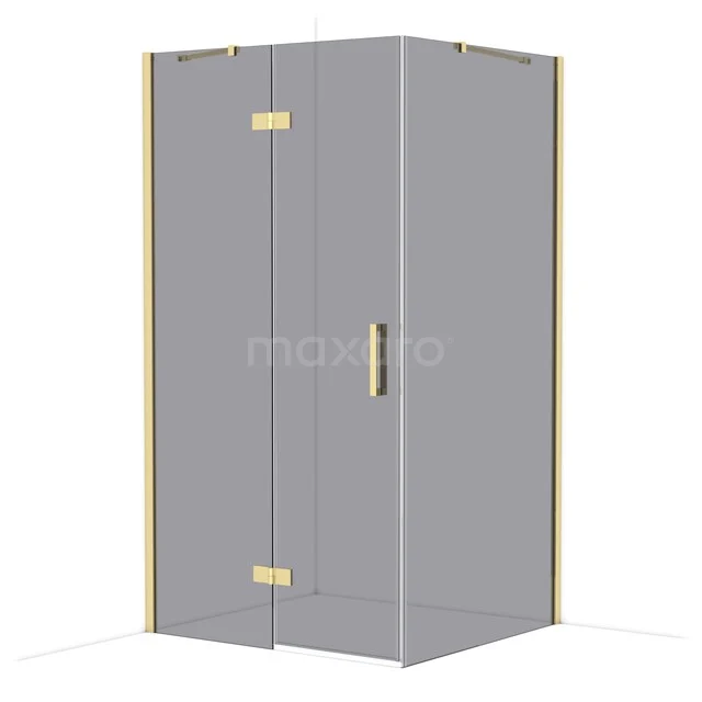 Glass shower cabin corner model with gold-coloured hinges, sleek design for modern bathrooms.