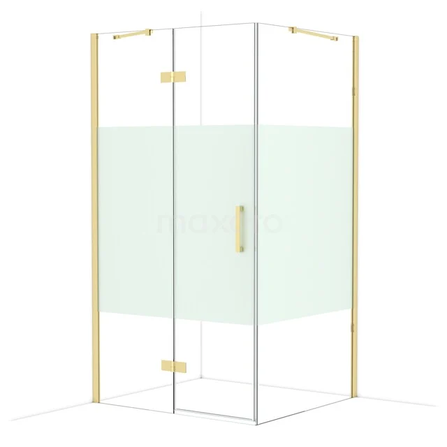 Hoekdouchecabine van glas met mat gouden accenten en een transparant ontwerp, perfecte aanvulling voor een moderne badkamer.