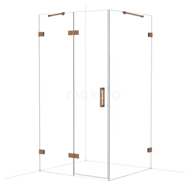 Diamond Shower cabin | 110x100 cm Shiny copper Clear glass Pivot door Rectangle CDB216510420GKP Glass shower wall with corner doors and gold-coloured hinges, modern style, ideal for luxury bathroom decor.