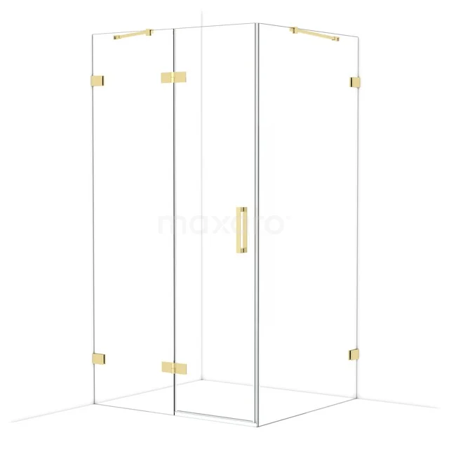 Glass shower cabin with gold-coloured accents, corner design and stylish frame for modern bathrooms.