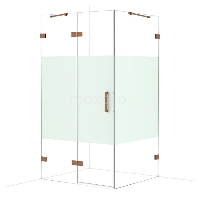 Diamond Shower cabin | 110x100 cm Shiny copper Clear with matt strip Pivot door Rectangle CDB216510423GKP Glass shower cabin with corner entry, brass hinges and handle, clear glass and matte green privacy strip.