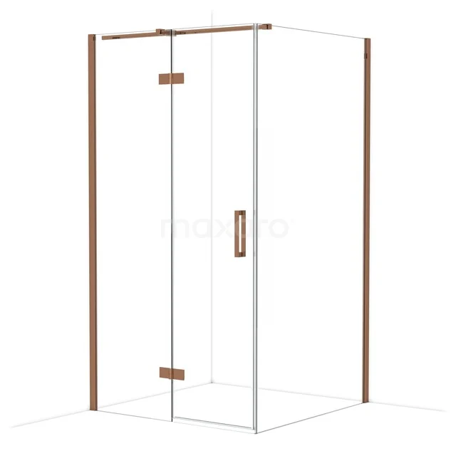 Corner shower with clear glass, copper-coloured accents and minimalist design, perfect stylish upgrade for any bathroom.