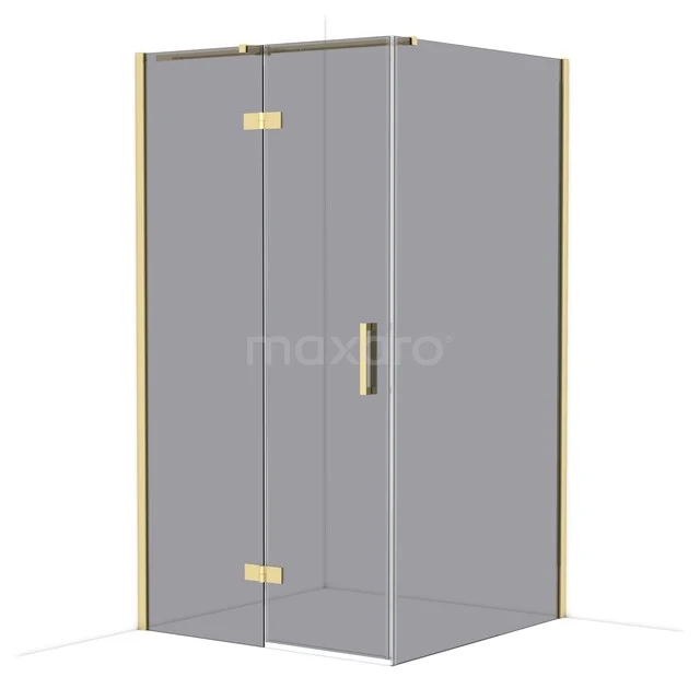 Modern shower cabin with golden accents, corner model made of glass, ideal for luxury bathroom decor.