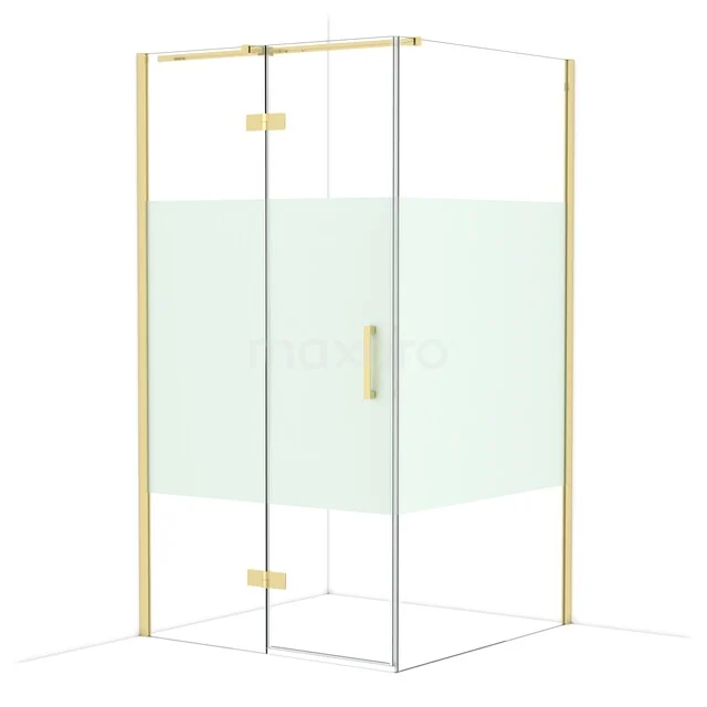 Golden profile corner shower cabin with clear glass, matte white detail and stylish modern appearance for the bathroom.