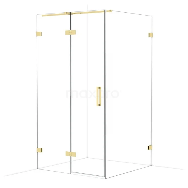 Gouden douchecabine met glazen panelen, minimalistisch ontwerp, ideaal voor luxe badkamerinterieurs.