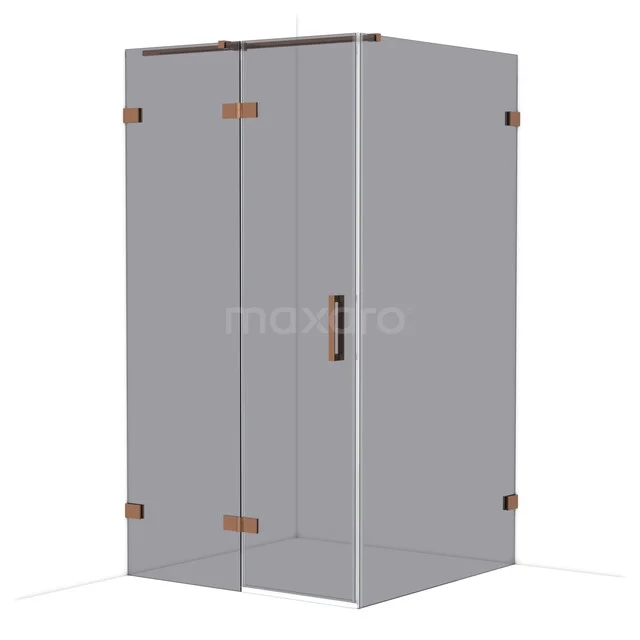 Grijze glazen douchecabine met koperkleurige scharnieren en zwarte handgreep, luxe badkamerdesign voor een moderne uitstraling.