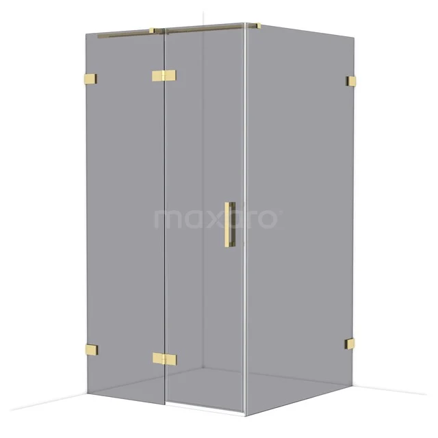 Glazen hoekdouchecabine met goudkleurige details en schuifdeur, ideaal voor luxe badkamers.
