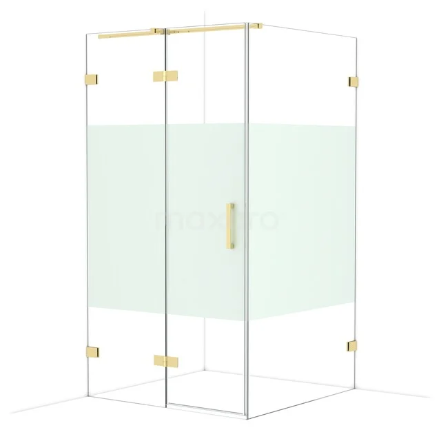 Glass shower cabin with gold-coloured hinges and handle, featuring a matte white pattern, ideal for a modern bathroom.