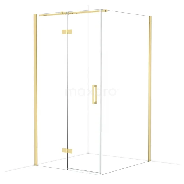 Douchewand met goudkleurige details, glas en hoekvormig ontwerp. Perfect voor luxe en moderne badkamers.
