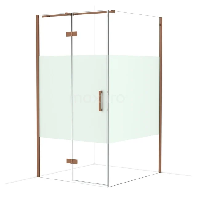 Diamond Shower enclosure | 120x110 cm Shiny copper Clear with matt strip Pivot door Rectangle CDB216512313GKP Douchecabine hoekmodel, helder glas met matte strook, koperkleurige profielen en scharnieren, ideaal voor moderne badkamers.