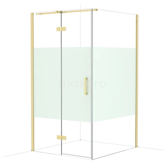 Golden corner shower cabin with glass walls and frosted detail, ideal for a luxury bathroom upgrade.