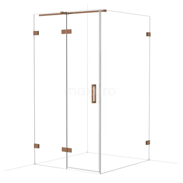 Glass shower cabin with copper-coloured hinges, modern design, ideal for stylish bathrooms.