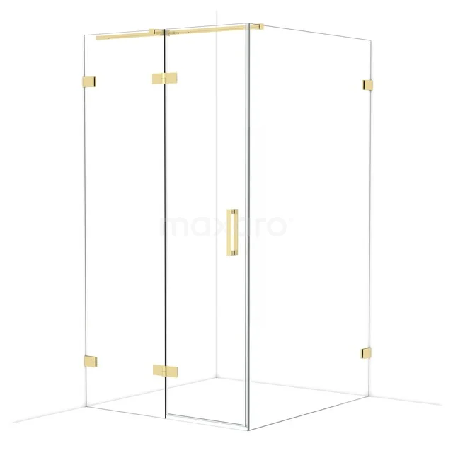 Glas Duschkabine mit goldfarbenen Akzenten, Eckform, modernes Design und perfekte Ergänzung für einen stilvollen Badezimmer.
