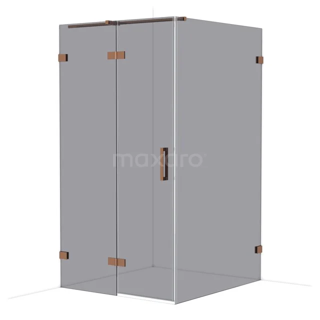 Corner shower cabin made of clear glass with rust-coloured finishes, minimalist design and suitable for a modern bathroom.