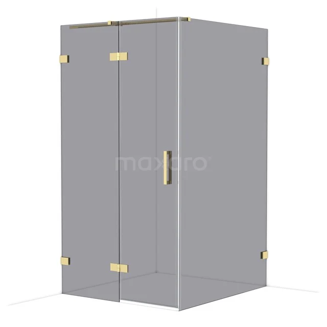 Glass shower cabin with gold hinges and handle, corner model, perfect for a modern bathroom.