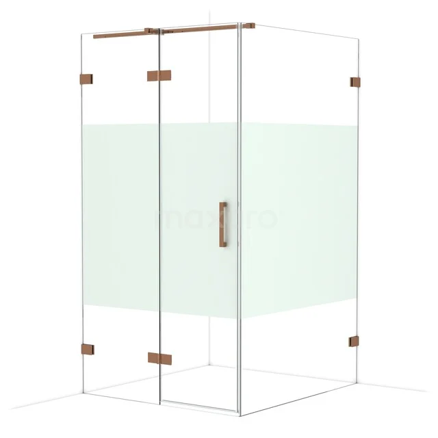 Glazen douchewand met matte strook en gouden accenten, stijlvol badkamerontwerp voor een moderne uitstraling.