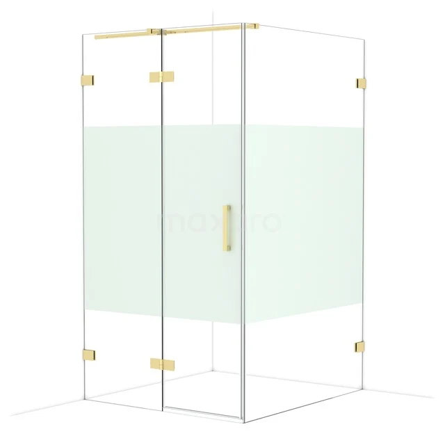 Diamond Shower enclosure | 120x110 cm Glossy light gold Clear with matt strip Pivot door Rectangle CDB216512323GLG Douchehoek van helder glas met mat wit paneel, gouden accenten en scharnieren, ideaal voor een moderne badkamer.