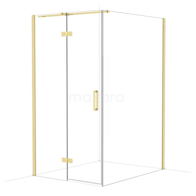 Glass shower cabin with brass finish and hinged door, ideal for a modern bathroom.