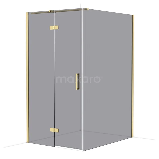 Glass shower cabin with gold-coloured edges, corner model, ideal for a luxury bathroom decor.