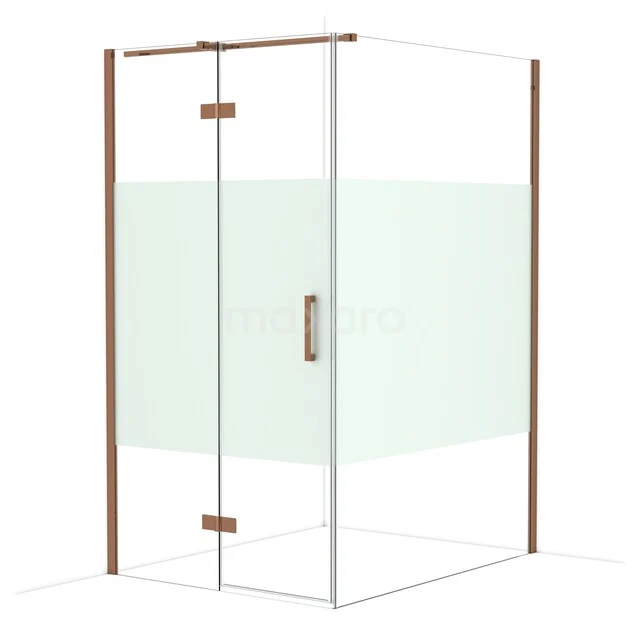 Glas Duschwand mit Tür und mattem Glasstreifen, kupferfarbene Profile und Haltegriff, ideal für ein stilvolles Badezimmer.